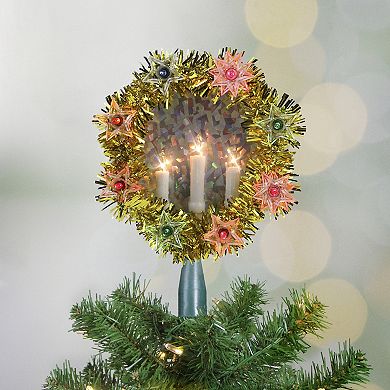 7" Lighted Gold Tinsel Wreath with Candles Christmas Tree Topper - Multi Lights
