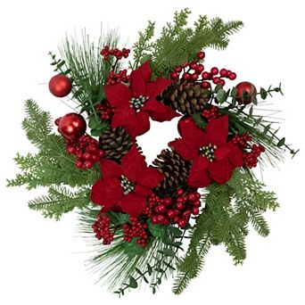 Artificial Red Berry and Poinsettia Christmas Wreath 22-Inch Unlit