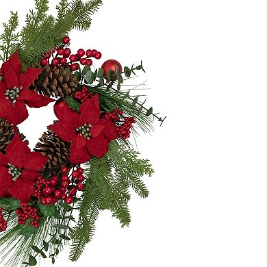 Artificial Red Berry and Poinsettia Christmas Wreath 22-Inch Unlit