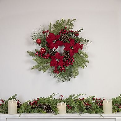 Artificial Red Berry and Poinsettia Christmas Wreath 22-Inch Unlit