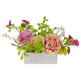 14-Inch Pink and Yellow Artificial Roses and Peony Floral Arrangement in Planter