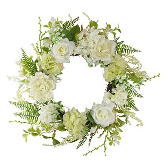 Peony and Rose Artificial Spring Wreath White and Green - 24-Inch