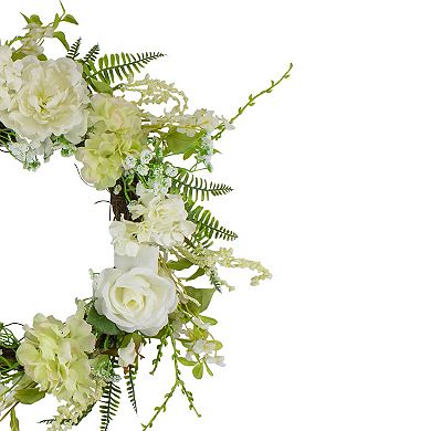 Peony and Rose Artificial Spring Wreath White and Green - 24-Inch