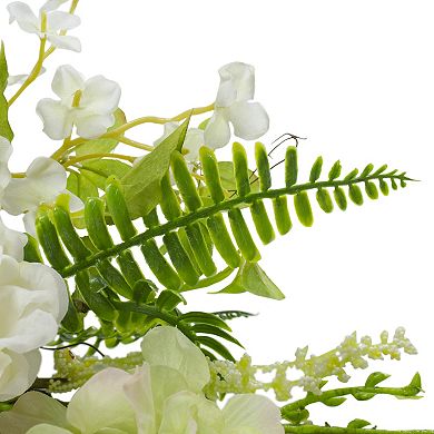 Peony and Rose Artificial Spring Wreath White and Green - 24-Inch