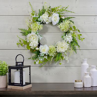 Peony and Rose Artificial Spring Wreath White and Green - 24-Inch