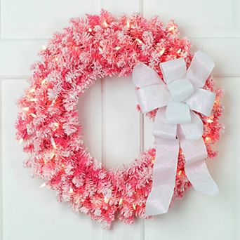 Pre-Lit Flocked Pink Artificial Christmas Wreath - 24-Inch Clear Lights