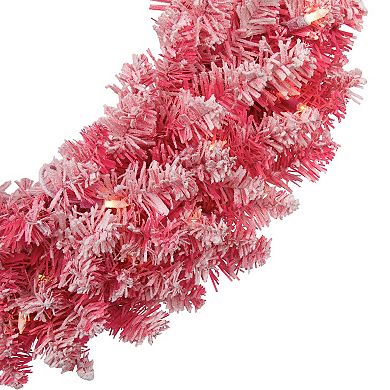 Pre-Lit Flocked Pink Artificial Christmas Wreath - 24-Inch Clear Lights