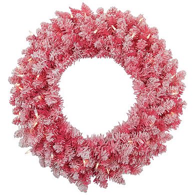 Pre-Lit Flocked Pink Artificial Christmas Wreath - 24-Inch Clear Lights