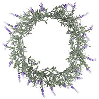 LED Lighted Artificial White/Purple Lavender Spring Wreath- 16-inch White Lights