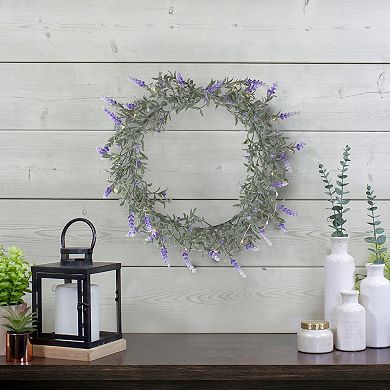 LED Lighted Artificial White/Purple Lavender Spring Wreath- 16-inch White Lights