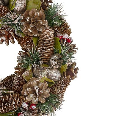 Green and Brown Frosted Pinecones and Bells Christmas Wreath - 13" Unlit