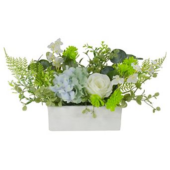 14-Inch Blue and White Hydrangea and Rose Artificial Floral Arrangement in Planter
