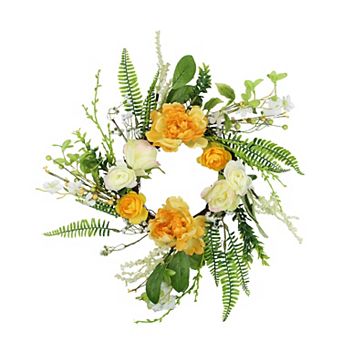 Hydrangea and Rose Twig Artificial Floral Wreath Orange 16-Inch