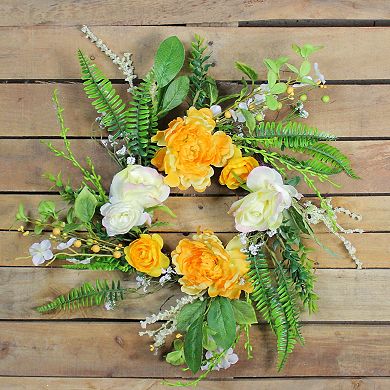 Hydrangea and Rose Twig Artificial Floral Wreath Orange 16-Inch