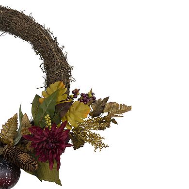 Mums and Pomegranates Artificial Floral Wreath Red 20-Inch