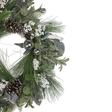 Artificial Christmas Wreath with Assorted Foliage and Berries 24-Inch Unlit