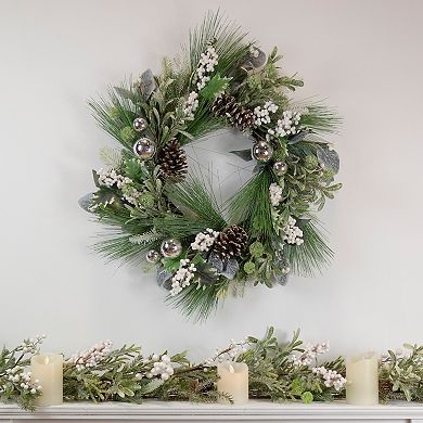 Artificial Christmas Wreath with Assorted Foliage and Berries 24-Inch Unlit
