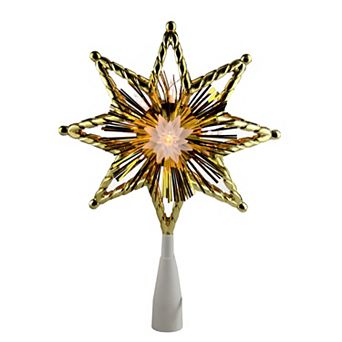 8" Gold Tinsel 8 Point Star Christmas Tree Topper - Clear Lights