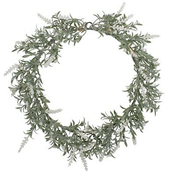 Artificial LED Lighted White Lavender Spring Wreath- 16-inch White Lights