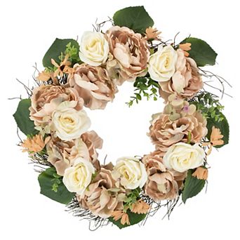 Peach and White Floral Fall Harvest Artificial Wreath 22-Inch