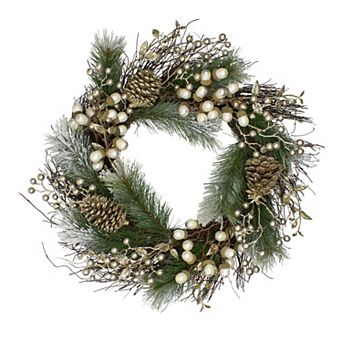 Acorn and Pine Cone Flocked Pine Needle Artificial Christmas Wreath - 22-Inch Unlit
