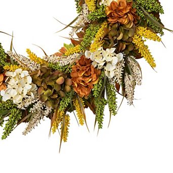 White and Orange Hydrangea Artificial Fall Harvest Twig Wreath 28-Inch Unlit
