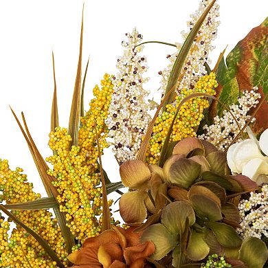 White and Orange Hydrangea Artificial Fall Harvest Twig Wreath 28-Inch Unlit