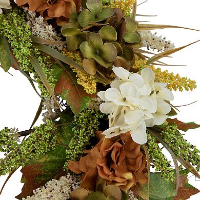 White and Orange Hydrangea Artificial Fall Harvest Twig Wreath 28-Inch Unlit