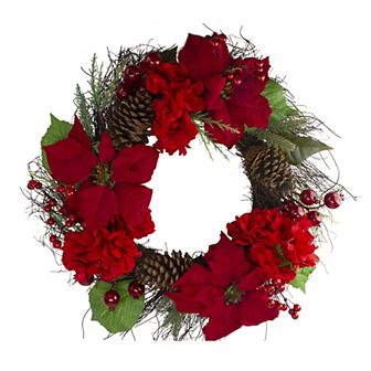Red Poinsettia and Hydrangea Flowers with Berries Artificial Christmas Wreath - 24-Inch Unlit