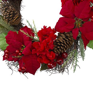 Red Poinsettia and Hydrangea Flowers with Berries Artificial Christmas Wreath - 24-Inch Unlit