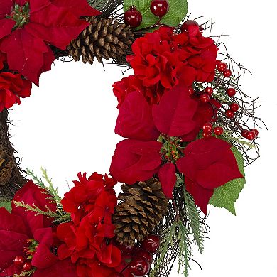 Red Poinsettia and Hydrangea Flowers with Berries Artificial Christmas Wreath - 24-Inch Unlit