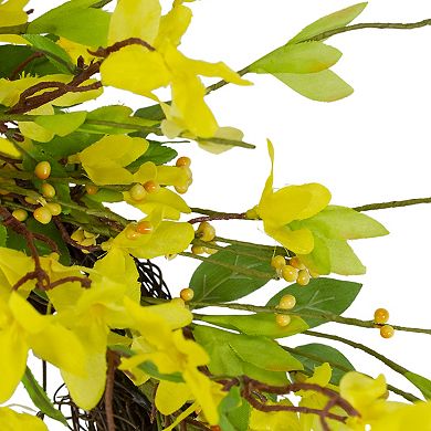 Forsythia and Leaves Artificial Spring Floral Wreath Yellow - 20-Inch