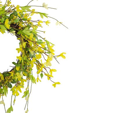 Forsythia and Leaves Artificial Spring Floral Wreath Yellow - 20-Inch