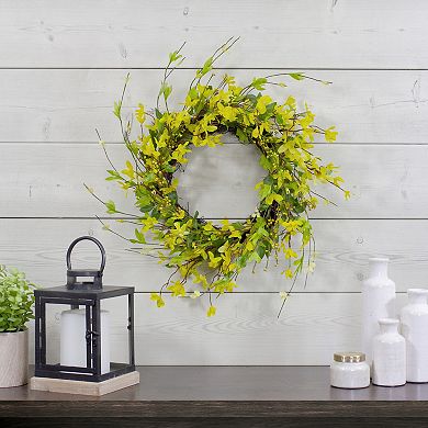 Forsythia and Leaves Artificial Spring Floral Wreath Yellow - 20-Inch