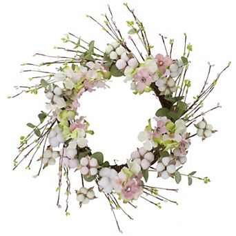 18-Inch Pink and Green Hydrangeas with Cotton Artificial Floral Wreath