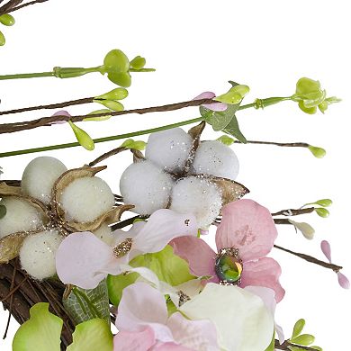 18-Inch Pink and Green Hydrangeas with Cotton Artificial Floral Wreath