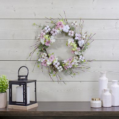 18-Inch Pink and Green Hydrangeas with Cotton Artificial Floral Wreath