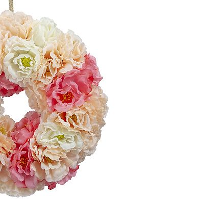 Pink and White Peony Artificial Spring Floral Wreath 8-Inch