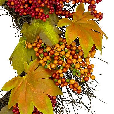 Maple Leaf and Berry Twig Artificial Fall Harvest Wreath 22-Inch