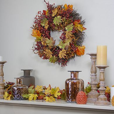 Maple Leaf and Berry Twig Artificial Fall Harvest Wreath 22-Inch