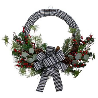 Black and White Houndstooth and Berry Artificial Christmas Wreath - 24-Inch Unlit