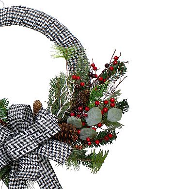 Black and White Houndstooth and Berry Artificial Christmas Wreath - 24-Inch Unlit