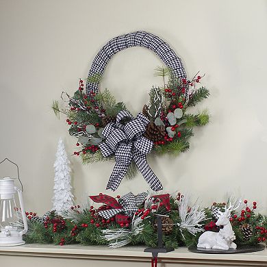 Black and White Houndstooth and Berry Artificial Christmas Wreath - 24-Inch Unlit