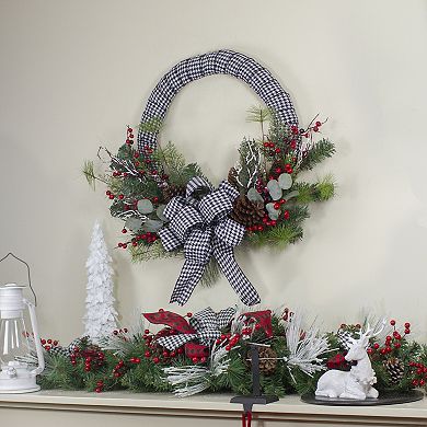 Black and White Houndstooth and Berry Artificial Christmas Wreath - 24-Inch  Unlit