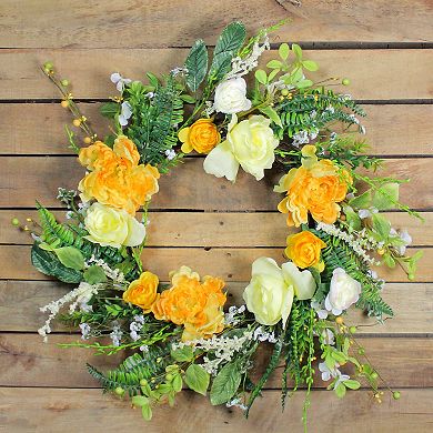 Hydrangea and Rose Artificial Floral Wreath Yellow 24-Inch