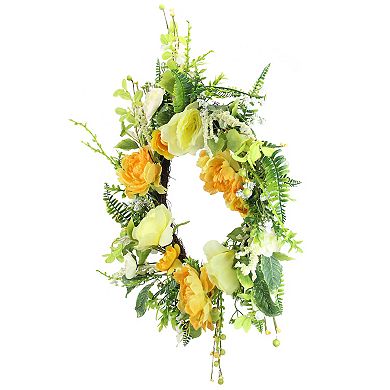 Hydrangea and Rose Artificial Floral Wreath Yellow 24-Inch
