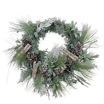24” Artificial Frosted Pine Birch Scrolls and Pine Cone Christmas Wreath - Unlit