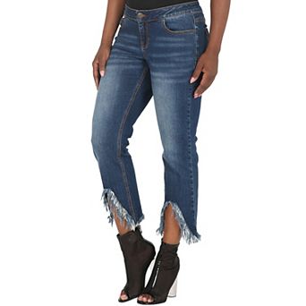 Women's Curvy Fit Cropped Frayed Step Hem Mid-Rise Dark Jeans
