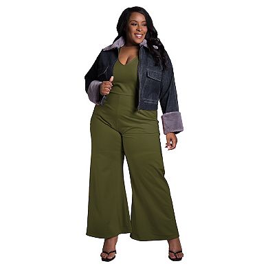 Poetic Justice Women's Plus Size Sleeveless V-Neck Wide Leg Jumsuit