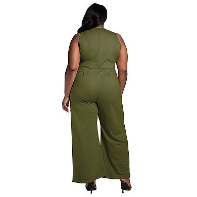 Poetic Justice Women's Plus Size Sleeveless V-Neck Wide Leg Jumsuit